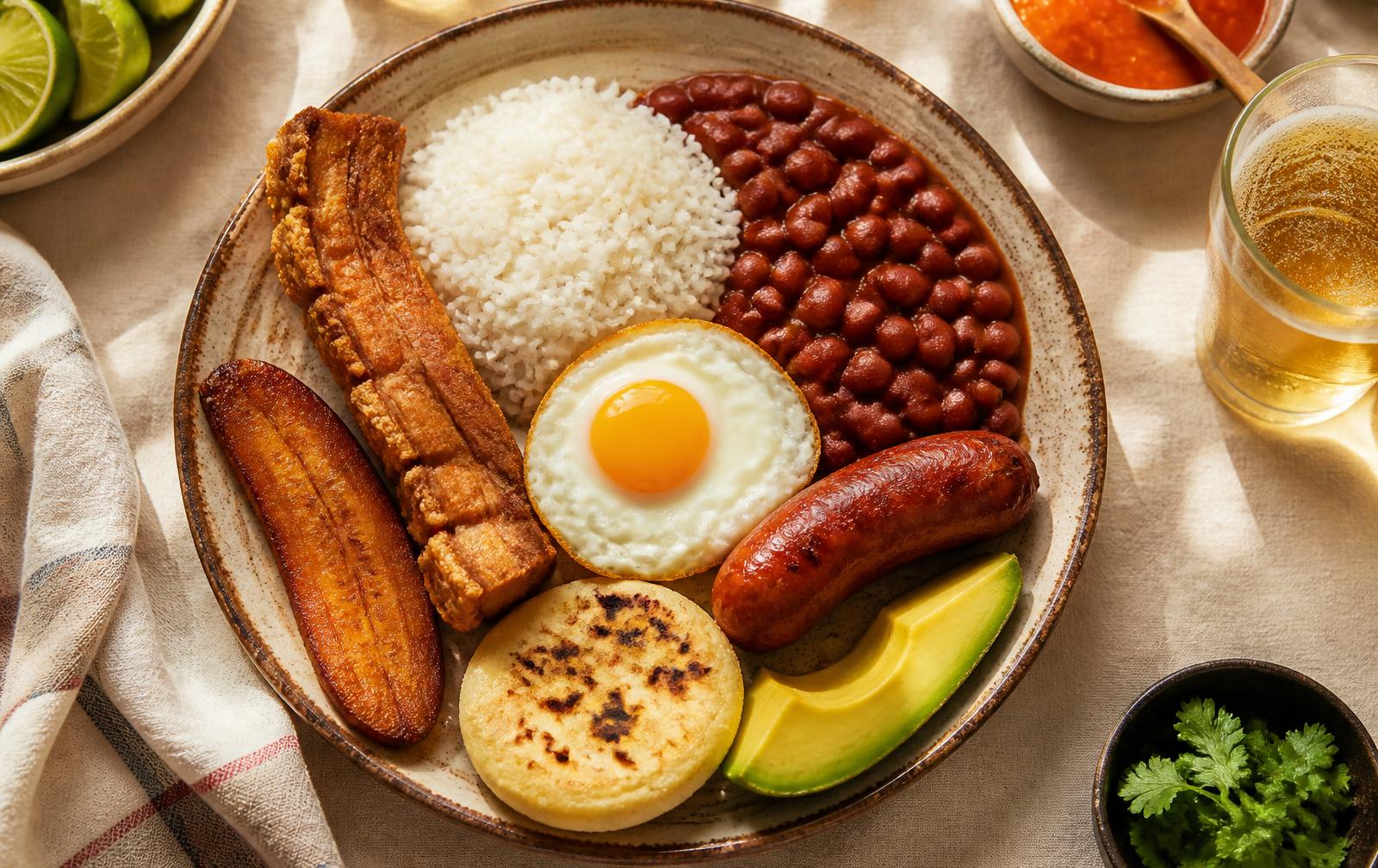 Bandeja Paisa platter with beans, rice, chicharrón, fried egg, plantain, avocado, arepa and chorizo