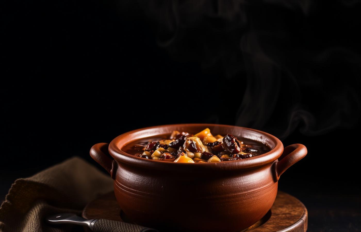 Cazuela de frijoles served steaming in a rustic clay pot