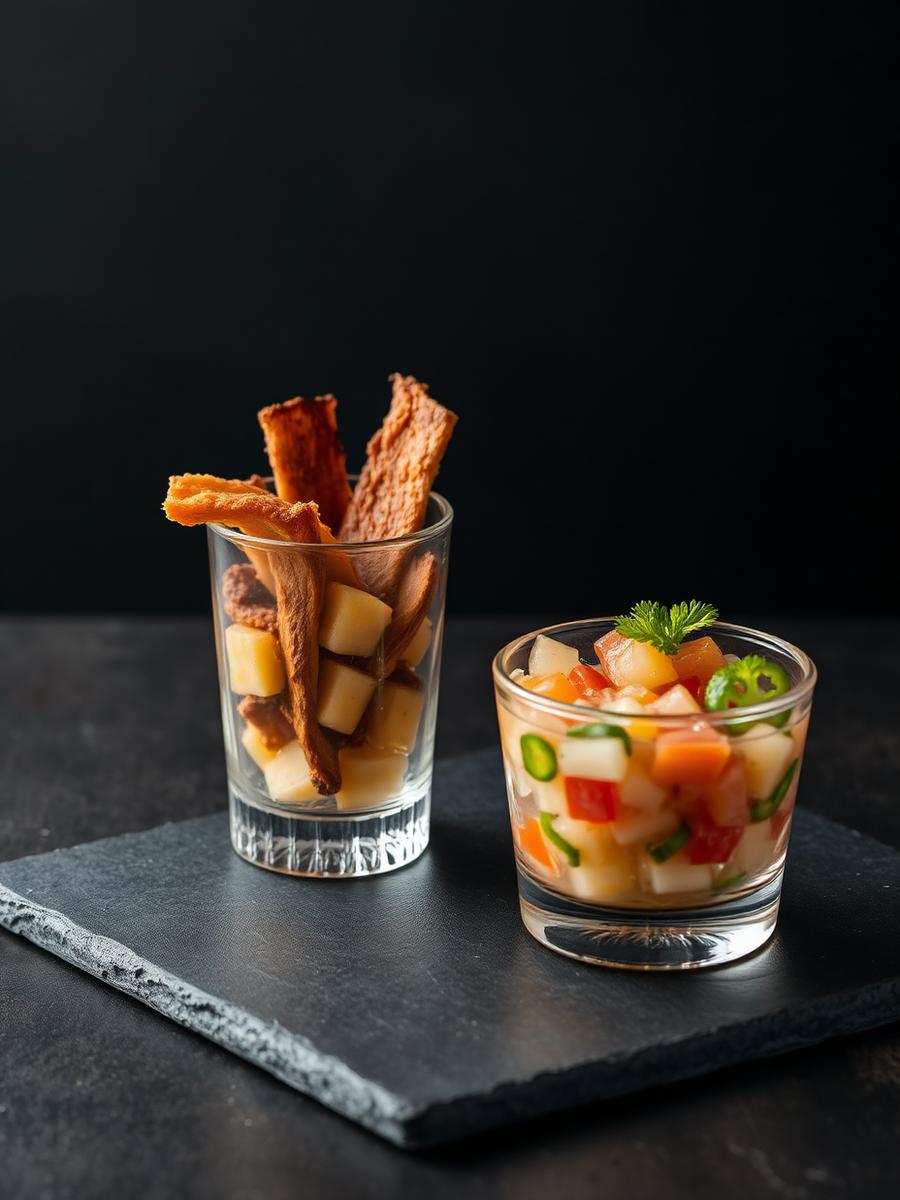 Crispy chicharrón and fresh ceviche served on dark slate