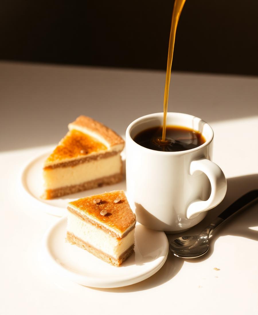 Colombian coffee poured beside a slice of tres leches cake