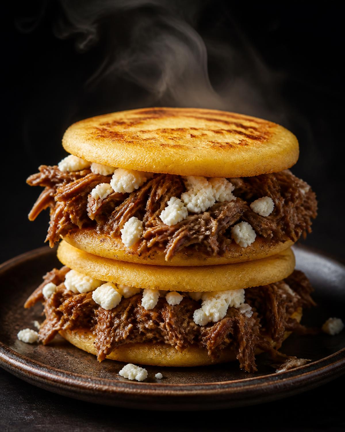 Two stacked Colombian arepas filled with shredded beef and fresh cheese