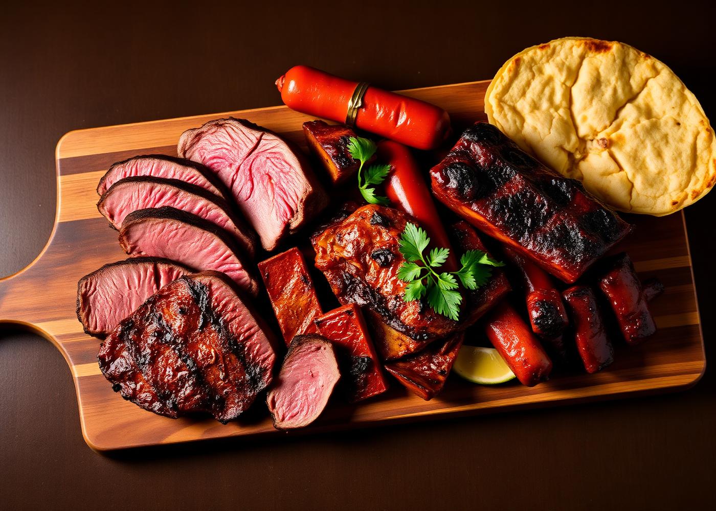Colombian picada board with grilled sirloin, pork belly, ribs, chorizo and arepa